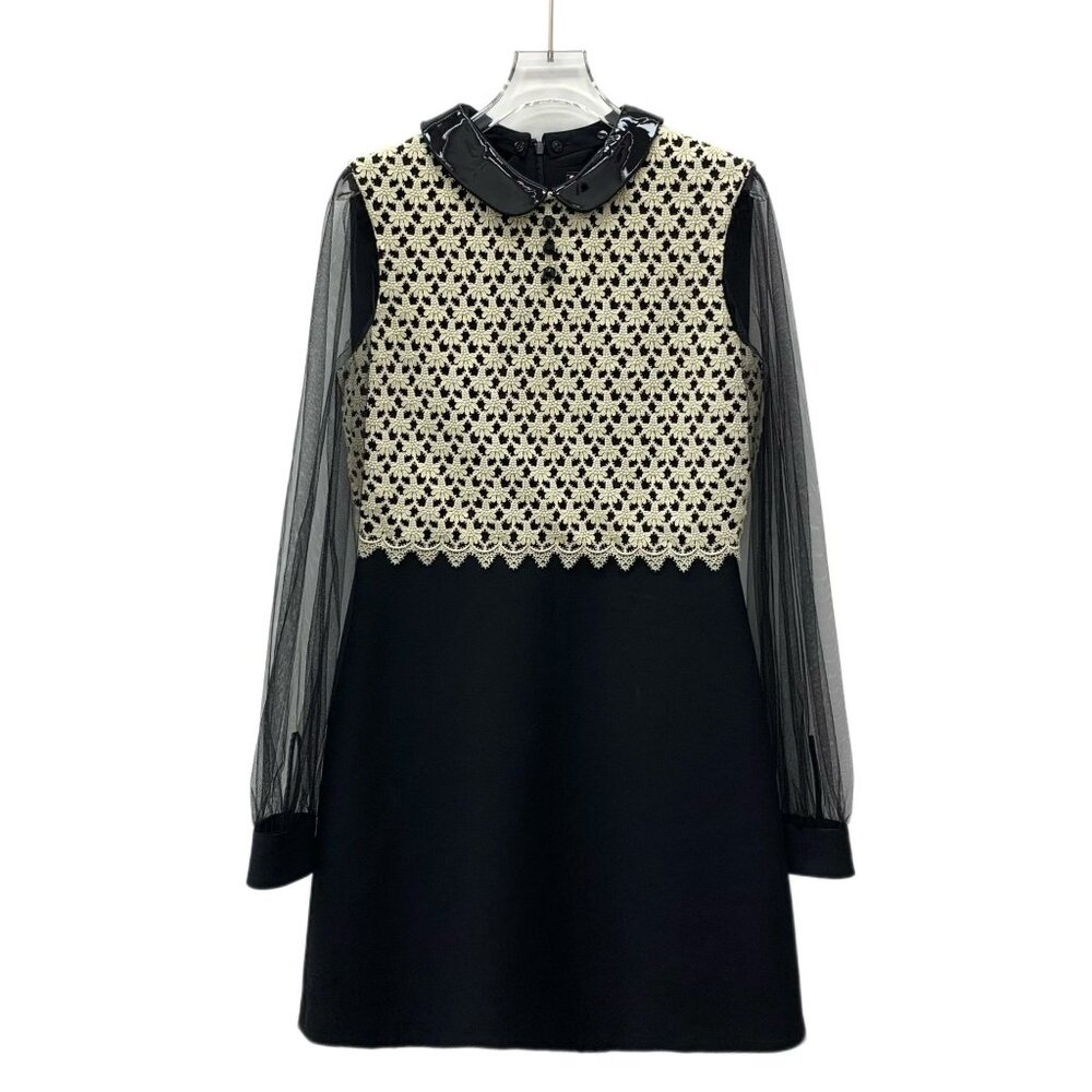 Gucci Black Lace Floral Patchwork Wool Dress With Sheer Sleeves & Patent Collar